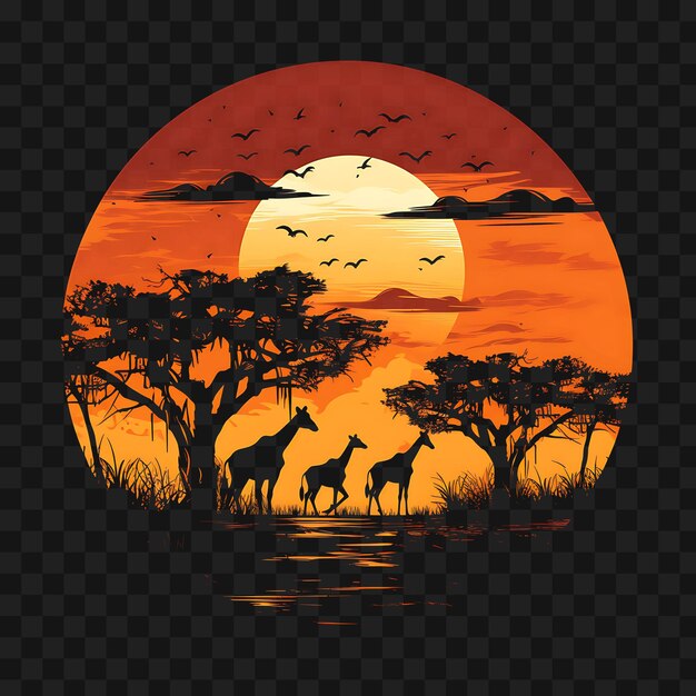 PSD psd de la savane africaine avec des girafes des arbres d'acacia chaud doré et modèle de dessin de tatouage clipart