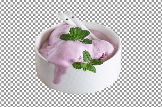 PSD-Schale mit rosa Eis mit Minzblättern auf isoliertem und transparentem Hintergrund