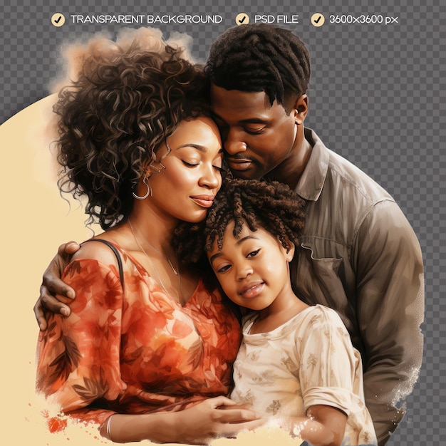 PSD schöne afroamerikanische Familie Aquarell Clipart transparenter Hintergrund