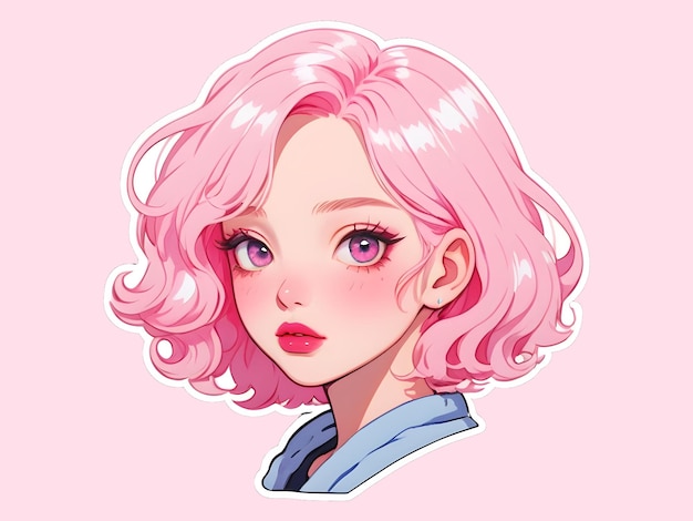 PSD psd schönes cartoon-anime-mädchen mit rosa haaren sticker mit weißer grenze