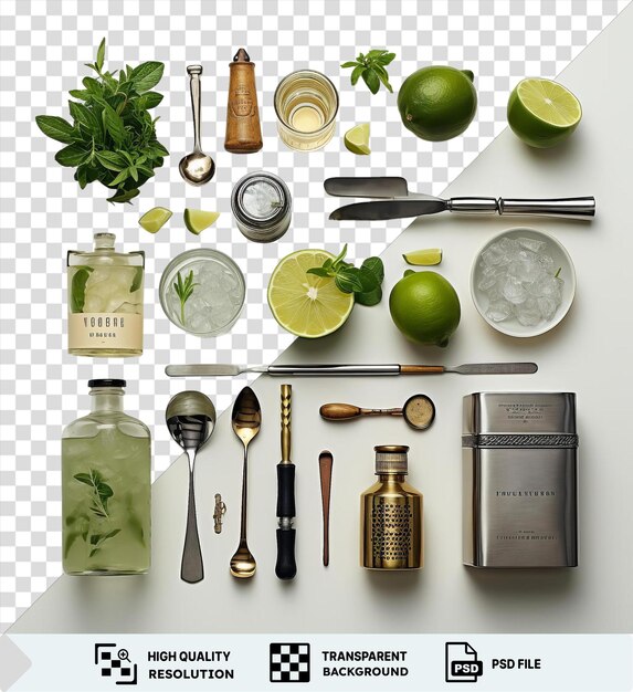 psd sfondo trasparente set di miscelazione di cocktail classico visualizzato su uno sfondo trasparante con un cucchiaio verde limone argento coltello nero e bottiglia di vetro