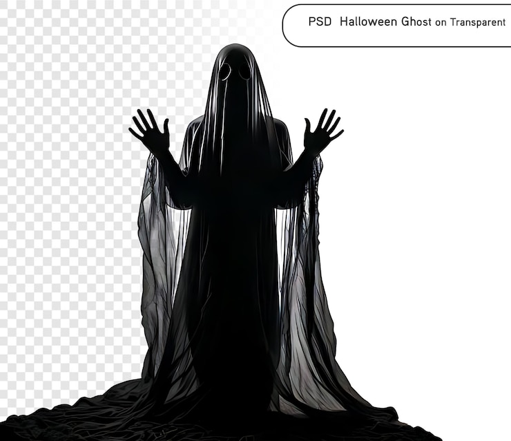PSD psd silhouette of creepy halloween ghost behind glass for svg against png transparent background