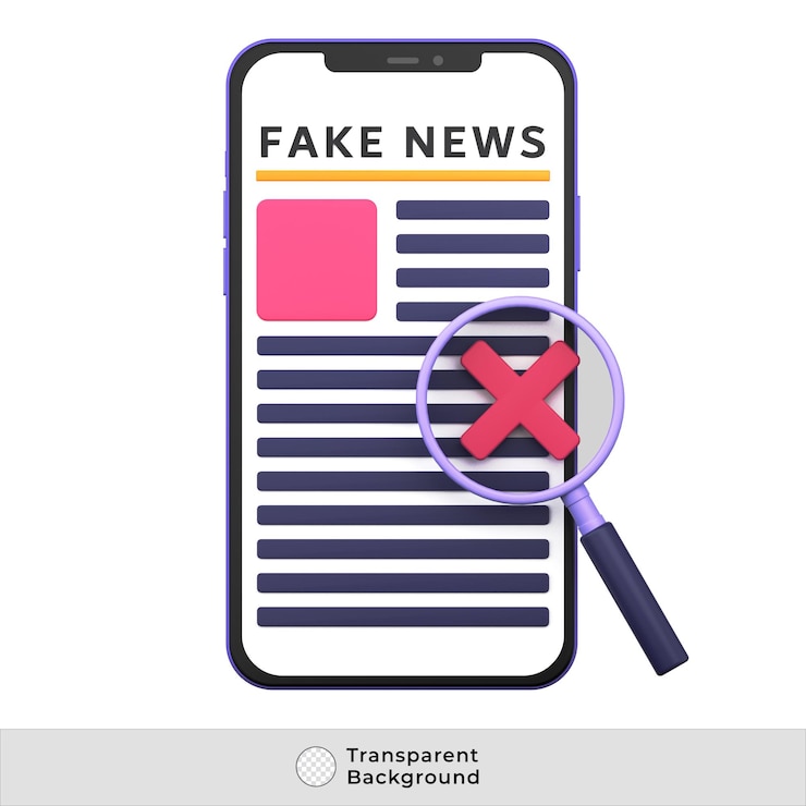 PSD psd smartphone with online fake news and magnifying glass on the screen 3d illustration