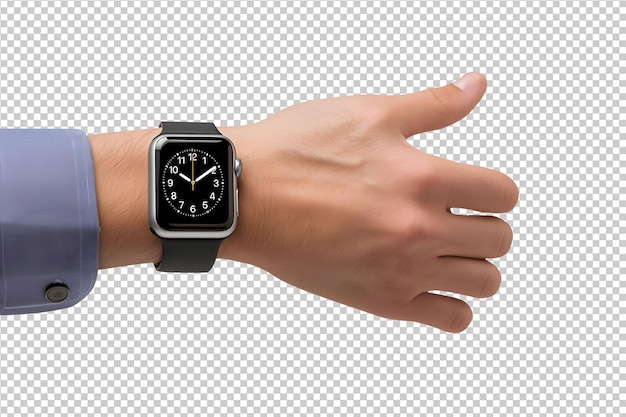 Psd smartwatch en mano de hombre aislado sobre fondo transparente