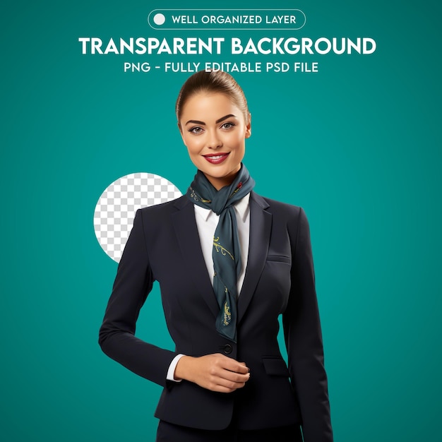 PSD Smiling Air Hostess Woman Looking at Camera Background PNG Transparent