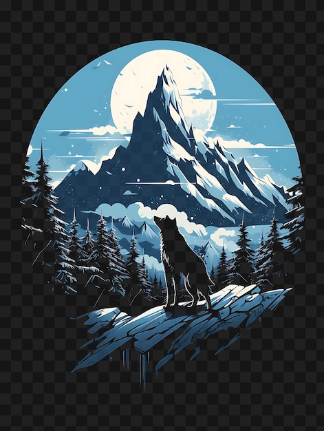 Psd de snowy mountain peak con un lobo azules y blancos oscuros c plantilla diseño de tatuaje clipart