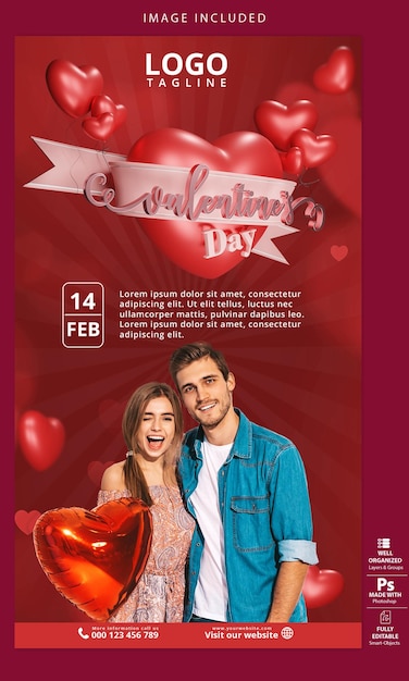 PSD Social Media Geschichten Valentinstag Herz und Liebe 3D Ballon rot