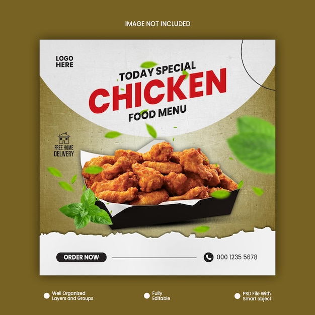 PSD Social Media Post Chicken Food Menu Design Template (Template de design de cardápio de comida de frango)