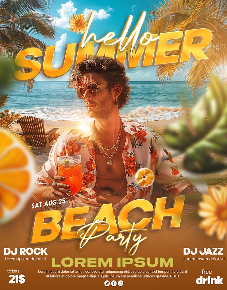 PSD psd sommerparty-poster-design mit sommer-hintergrund dj-musik party-poster strand-parteiposter
