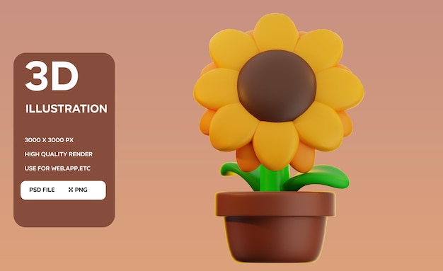 PSD Sonnenblume in einem Topf 3D-Illustration
