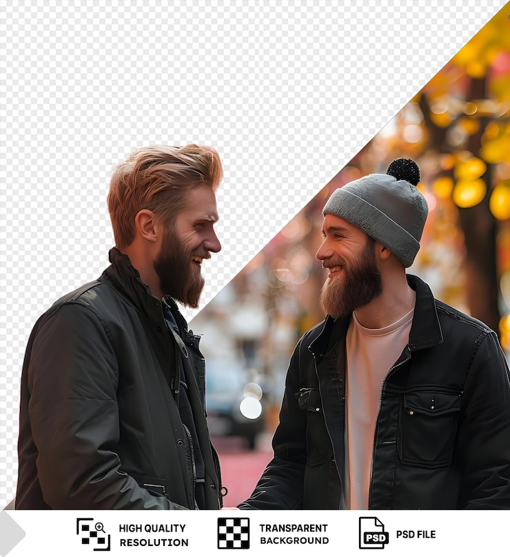 PSD psd sonriendo satisfecho en forma hombre rojo y su amigo caucásico barbudo estrechando la mano en un parque png psd