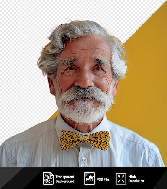 PSD psd souriant âgé cheveux gris moustache barbu homme en chemise blanche nœud papillon posant isolé sur fond jaune ou gris