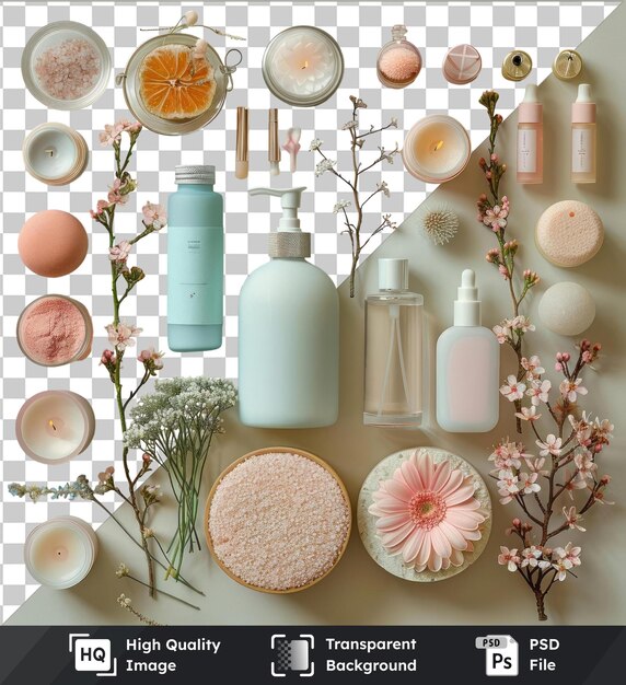 PSD psd avec des spa et des produits de bien-être de luxe transparents haut de gamme sur un mur blanc avec des bouteilles blanches une assiette ronde et une fleur rose et blanche
