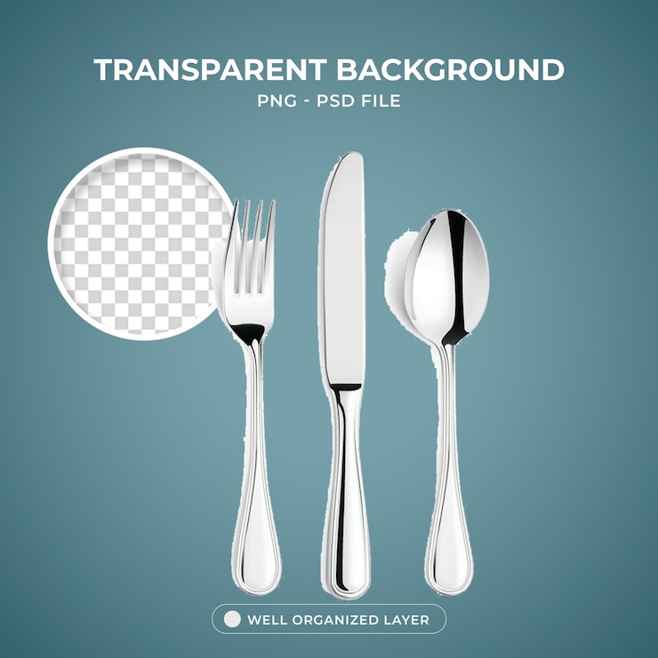 PSD psd spoon knife fork cutlery stainless steel transparent background with 3d brain element object
