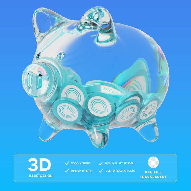PSD srm caja de vidrio transparente con pilas decrecientes de monedas criptográficas Ilustración 3D