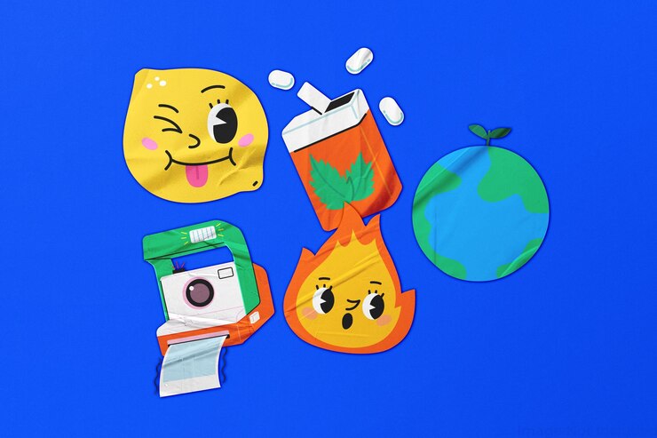 PSD psd sticker mockup cheerful cartoon characters set against a blue backdrop