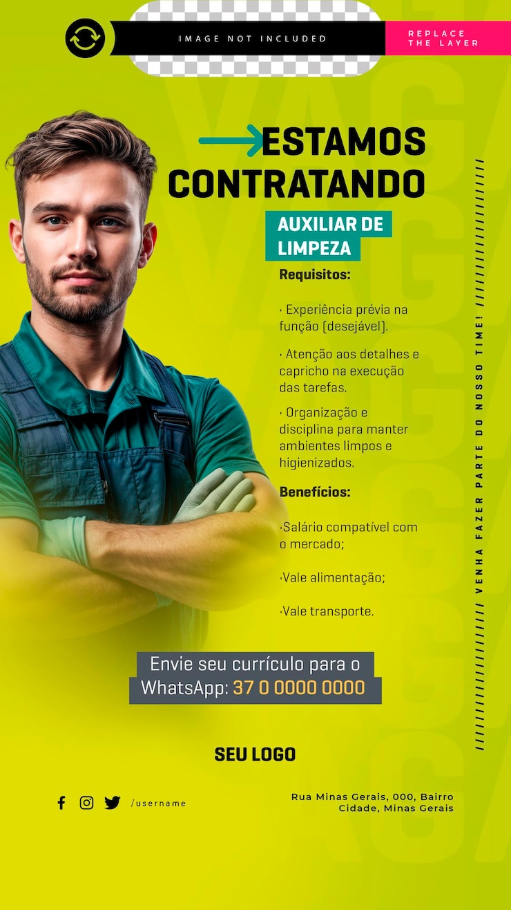 PSD psd storie modificabili format vacanza di lavoro assunzione assistente di pulizia testi in portoghese br