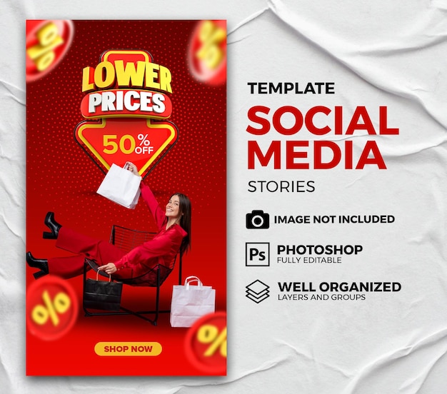 PSD Stories abbassa i prezzi Modello di design per social media con timbro di rendering 3d fino a 50 di sconto