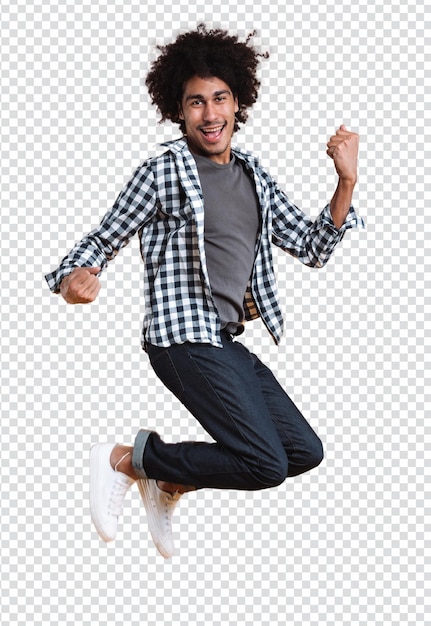 PSD Studio Portrait in voller Länge glücklicher junger afrikanischer Mann, der springt