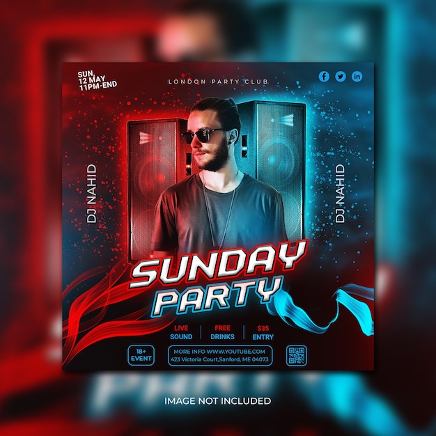 Psd sunday night club dj music party flyer postagem de mídia social e modelo de banner