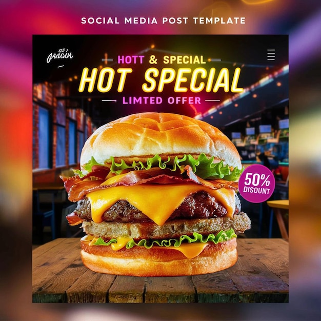 Psd super delicious burger essen menü und restaurant soziale medien instagram post vorlage