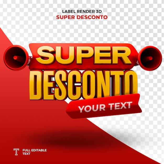 PSD Super Discounts 3d muestra la etiqueta aislada en portugués en un fondo transparente