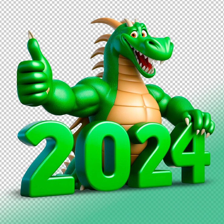 PSD psd symbol of year 2024 green cartoon dragon on a transparent background