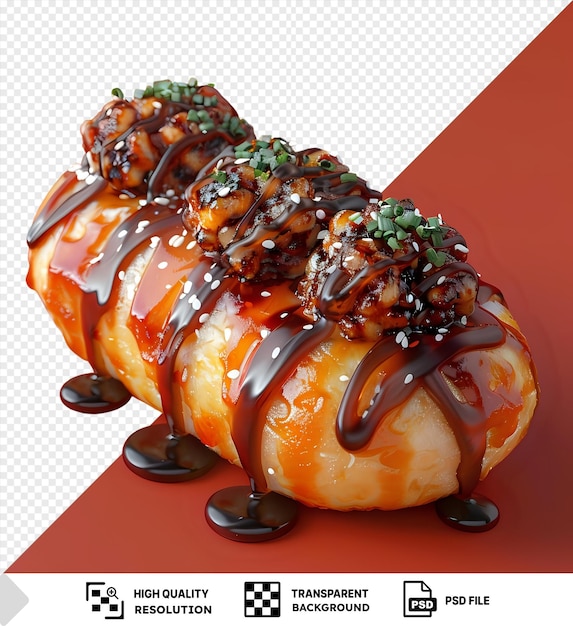 PSD psd takoyaki embrulhado em chocolate e salpicado de nozes sobre um fundo vermelho