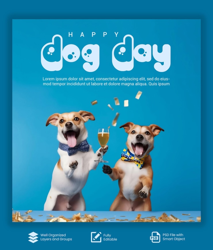 PSD psd templatep festeggiamo la giornata del cane felice cani in piedi con fiocco blu backgroud e bicchiere