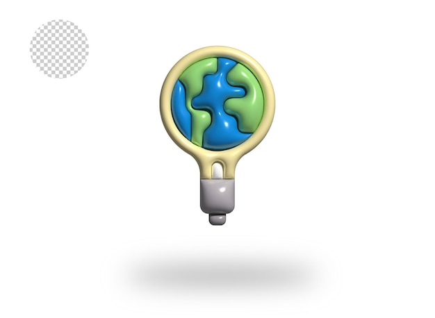 PSD Terra con l'icona della bolla comica della lampadina 3d rende l'illustrazione