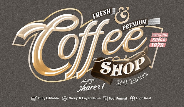 PSD text effect coffee vintage sign lettering editable