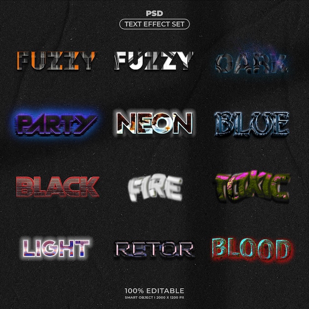 psd text effect set fuzzy neon dark blue black fire toxic light retor blood