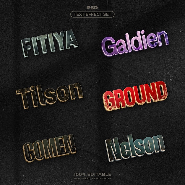 PSD-Text-Effekt-Set mit verschiedenen 3D-Typografie-Stilen