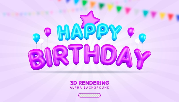 PSD Text von Happy Birthday mit Cyan und lila Ballon 3D-Rendering mit Alpha-Hintergrund