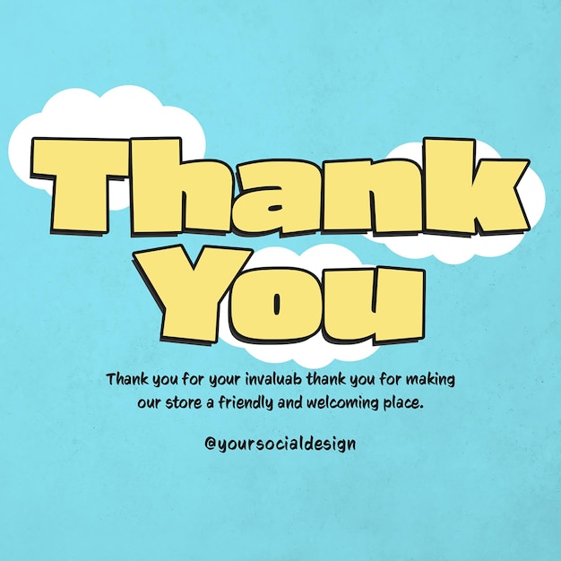 PSD Thankyou Typographie-Design mit handgezeichnetem Wolken-Hintergrund für soziale Medien Instagram-Post
