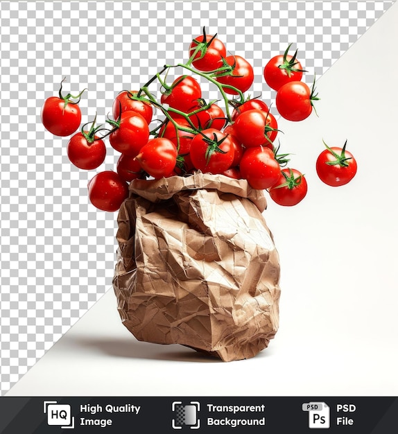 Psd con tomates transparentes volando en una bolsa de papel de reciclaje