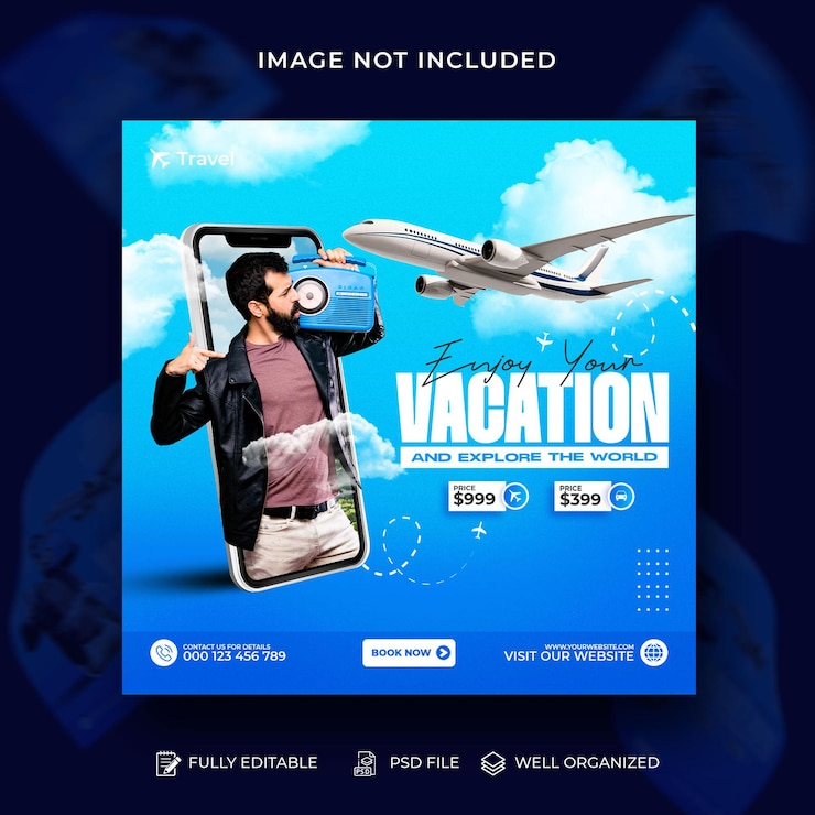 PSD Tour and Travel Adventure Social Media Banner or Summer beach Traveling Instagram post Design