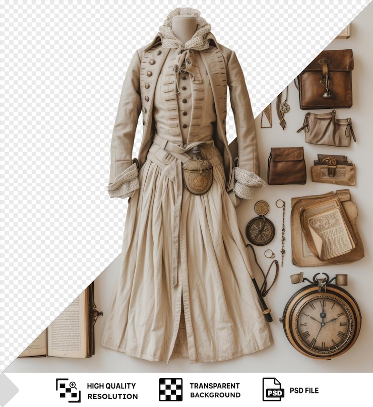 PSD psd traje e acessórios de reconstituição histórica exibidos em uma parede branca com um relógio de couro castanho e uma bolsa castanha, tesouras de prata e metal e um livro aberto
