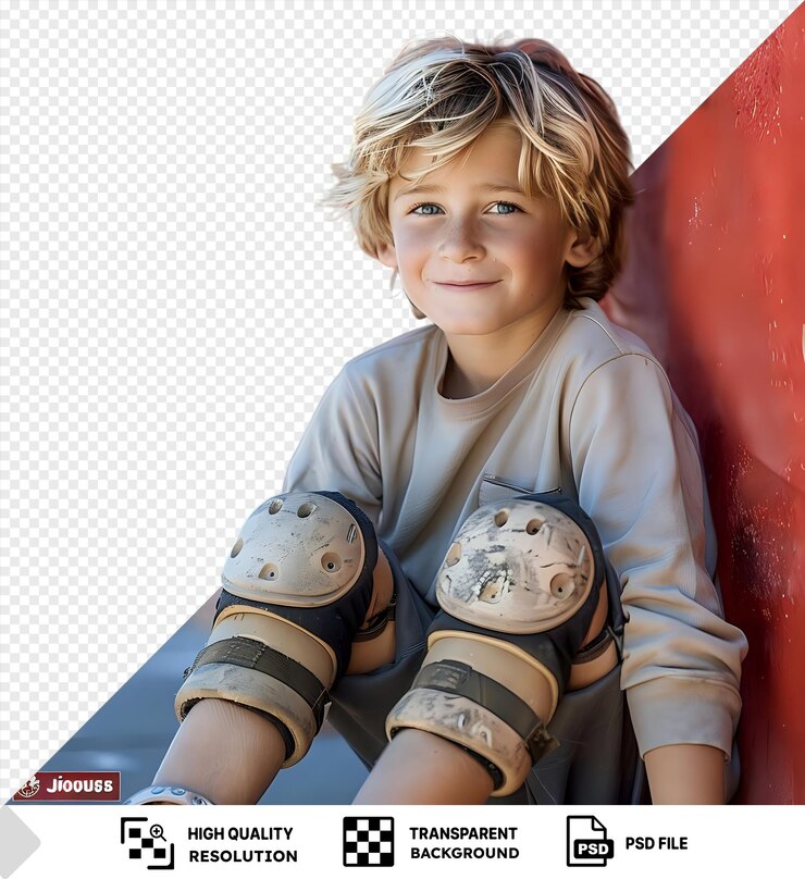 PSD psd transparent background joyous fairhaired boy in the knee pads sitting outdoors png psd