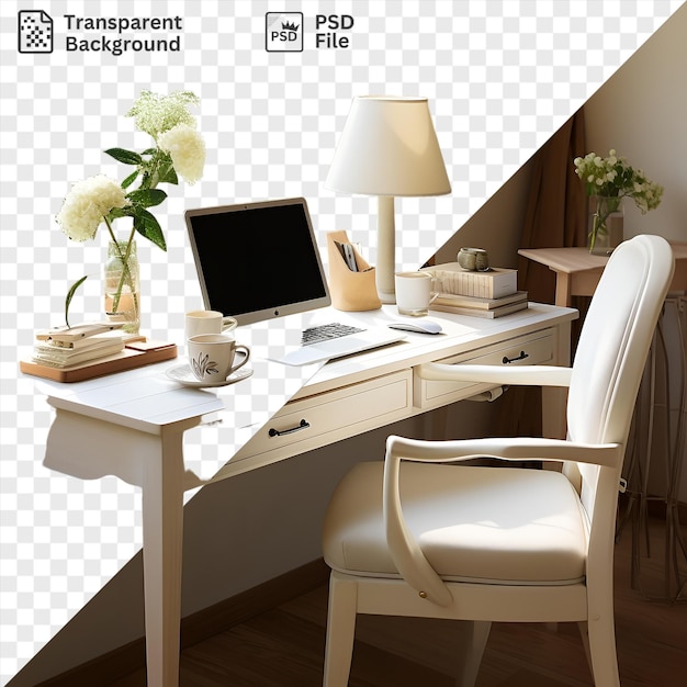 PSD psd transparent background realistic photographic writers writing retreat featuring a white flower in a clear glass vase a white desk with a black laptop and keyboard a white lamp and a white