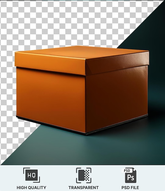 PSD psd transparent une boîte orange avec un dessus brun et orange placé sur une table bleue contre un mur bleu