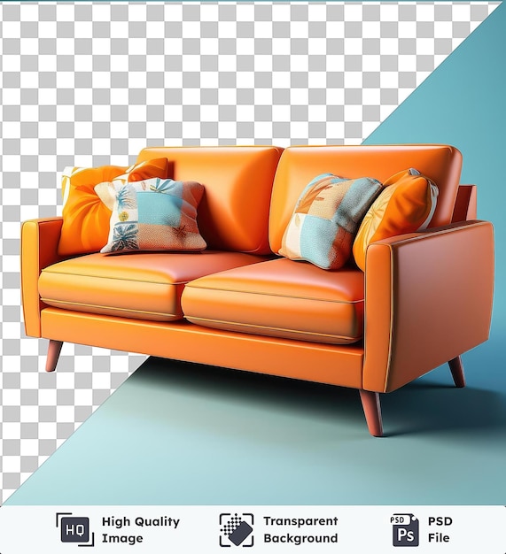 PSD psd transparent un canapé orange orné d'une variété d'oreillers, y compris des oreillers bleus, orange et blancs, contre un mur et un sol bleus