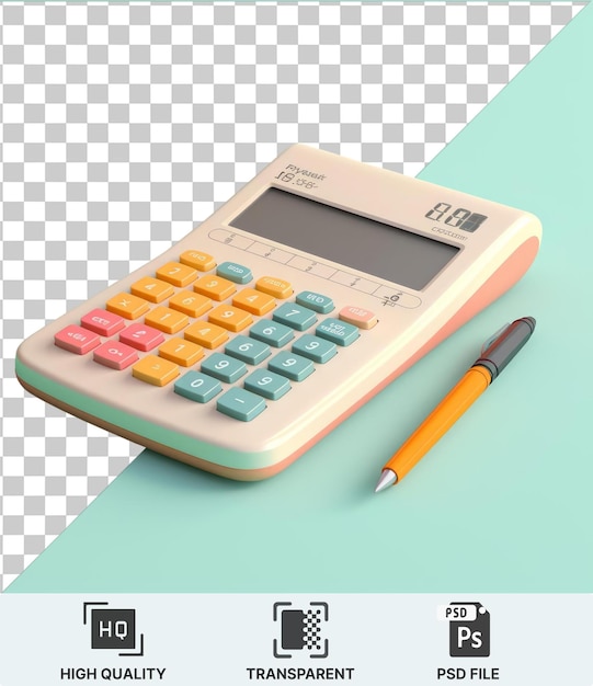 PSD psd transparent de haute qualité une calculatrice et un stylo sur une table bleue avec un stylo jaune et orange à gauche et un écran gris et noir à droite