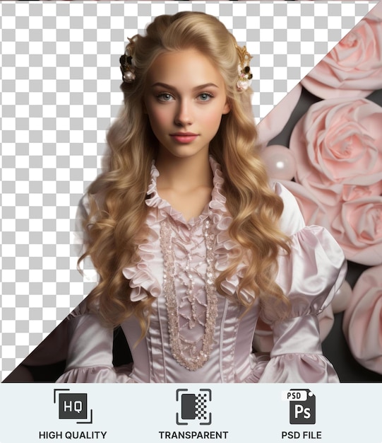 PSD psd transparent de haute qualité une femme aux longs cheveux blonds portant une robe blanche ornée de roses roses