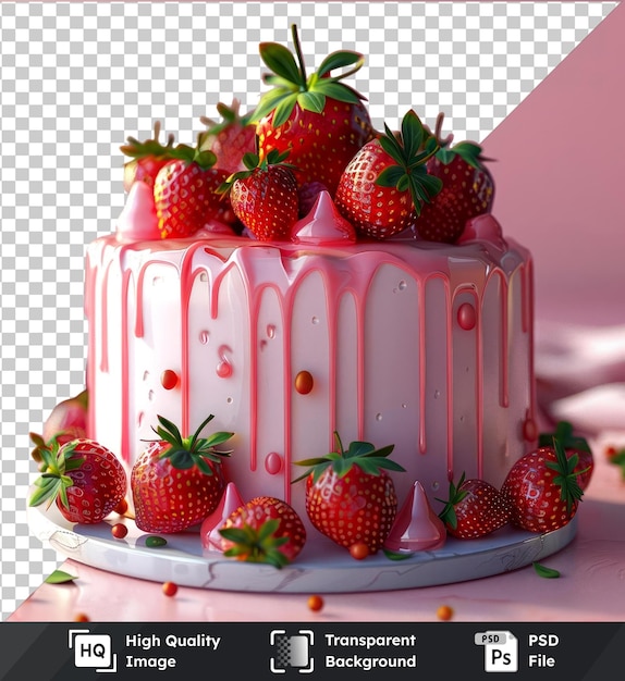 PSD psd transparent de haute qualité d'un gâteau à la fraise sur une assiette blanche sur un fond rose