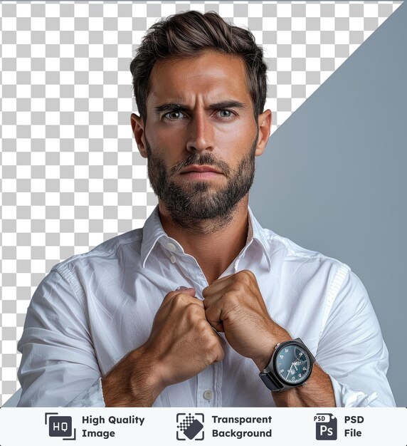 PSD psd transparent de haute qualité isolé sur bleu attrayant sérieux homme caucasien brunette homme d'affaires en montre noire coûteuse et chemise blanche regardez la caméra montre poing criant à la caméra