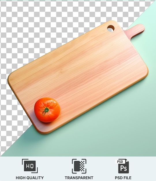 PSD psd transparent une planche à couper en bois avec une tomate placée sur une table bleue avec un petit trou visible en arrière-plan