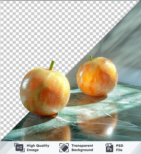 Psd transparente de alta calidad de dos naranjas en una mesa de vidrio