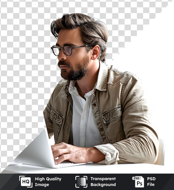 PSD psd transparente de alta calidad de un hombre trabajando en una computadora portátil hombre profesional con gafas y barba