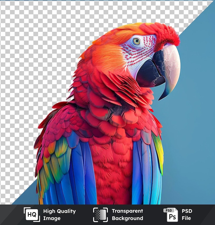 PSD psd transparente de alta calidad de loro guacamayo escarlata contra el cielo azul